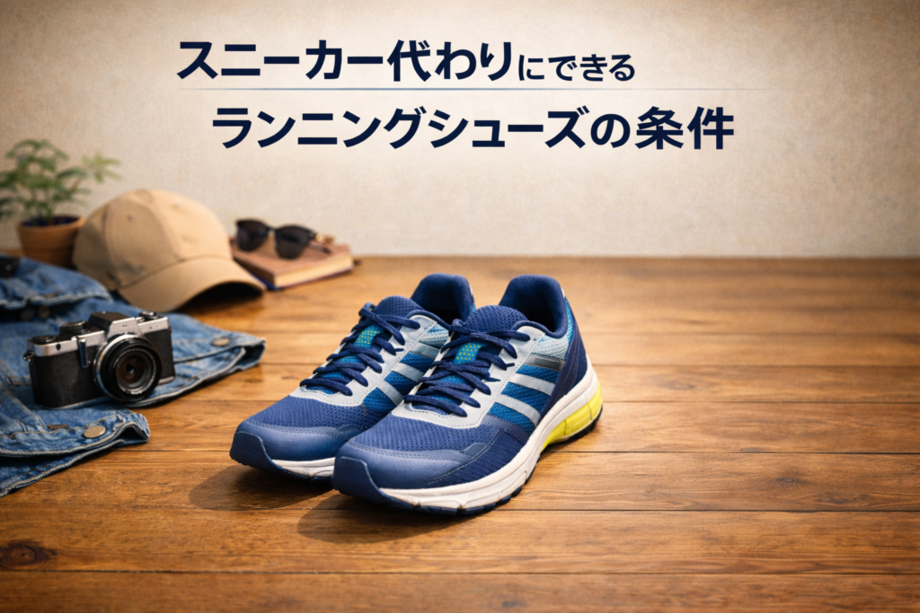 Centered blue running shoes on a wooden table with casual accessories, featuring Japanese title text about conditions for running shoes that can substitute for sneakers