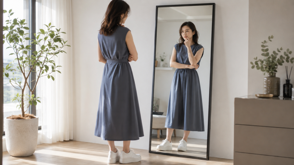 厚底スニーカーとワンピースを合わせて鏡を見る女性