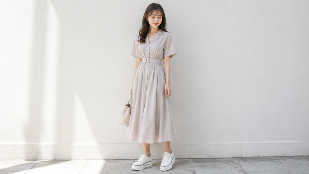 笑顔の白ワンピースの女性
